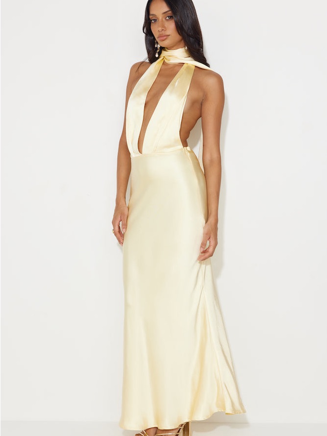 Plunging Halter Satin Maxi Dress In Pale Yellow